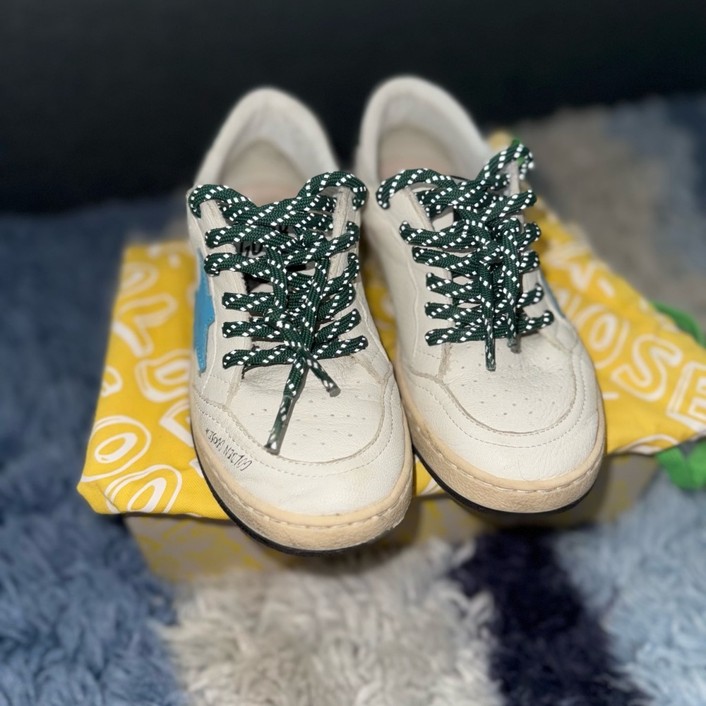 Preowned Kids Golden Goose White Sneakers with Sky Blue and Green Accents